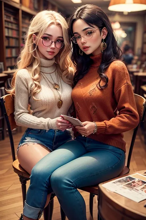 two gorgeous artsy women, long flowing thick natural hair, dressed in  knit sweaters and ripped jeans pants, jewelry, tattoos, i...