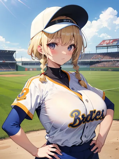 (masterpiece,best quality,absurdres,beautiful,aesthetic,detailed),1girl,solo focus,upper body,tomboy,short hair,twin braids,side braids,(tan skin),platinum blonde hair,baseball cap,field,baseball uniform,huge breasts,cleavage,hands on hips 