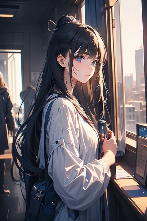 (best picture quality，4k,8k，high-definition，masterpiece:1.2)，Ultra-detailed，lifelike:1.37，beautiful 20 years old girl，Holding a sedative needle，blue luminous needle，long black hair，blue eyes，wear:gray clothes of the future，The background is an old room，Des...