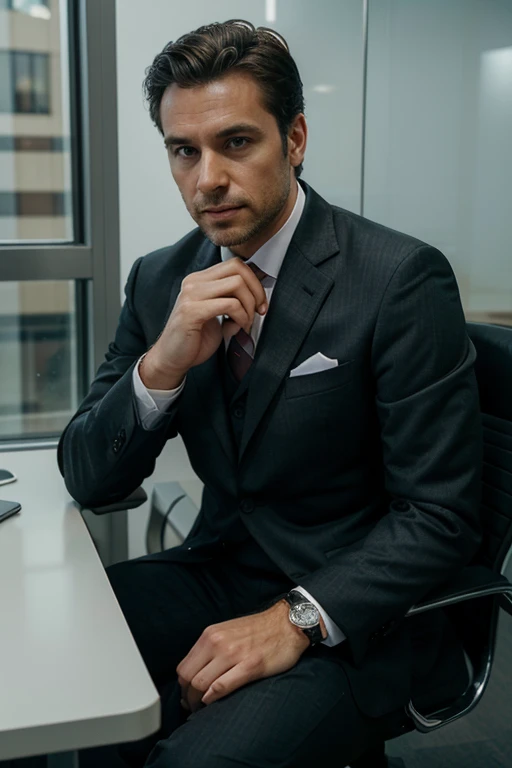 business professinal man wearing a nice suit sitting on a corporate modern office wearing a ring on the index right finger