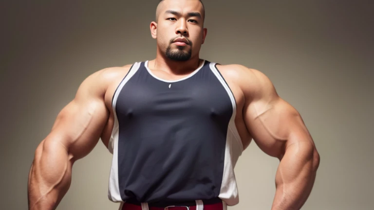 (Highly detailed 8K wallpaper), asian man, muscle worship, fold your arms, On the playground, baseball uniform, high detail, very short hair, skin head, Circular cut, very large and strong body, bulging muscles, muscular, very large pectoral muscles. Very ...