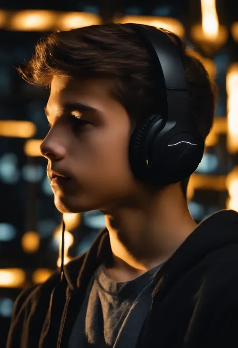 A 15 year old boy wear black casual outfit and headphones and lightning background,ultra image 