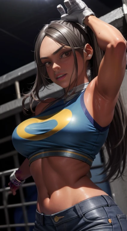 Superior Quality, Masterpiece, Ultra High Resolution, (Photorealistic: 1.4), girl, cheerleader, dancing, dynamic pose, blue top, blue shorts, jean shorts, ponytail hair, brown hair, brown eyes, sweaty