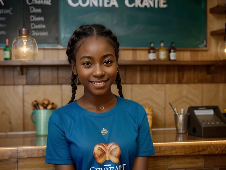 Young African girl, dark complexion, combed hair, gorgeous, braided hair, wearing a blue t-shirt, broad smile, sitting in a bar, handmade decoration, play of lights, one croissant and one half croissant, Green background