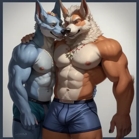 A muscular Samoyedan furry male, fluffy hair, wearing blue boxer shorts with a dark blue shirt adorned with flower border, brown eyes, presents himself in an explicit, NSFW manner.

(Un macho furry Samoyedante, peludo, calzones cianos, camisa azul oscura c...