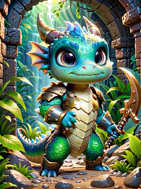 Pixar animation style, (((dragon&#39;s underground lair)))，(Full of treasures in the dark and damp、bones and weapons)，low-light，shadow，weird lights，huge bat-like folding wings，horned，scaly，Reptilian，sparkling eyes gaze，Sword and Ax Collection，Chest full of...