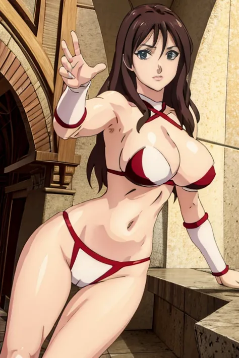 masterpiece, beautiful art, high resolution, best quality, detailed hands, anime style, 1 woman, solo, Yunyun, big breasted, cleavage, mature woman, full body, wearing a Tyris Flare outfit, sexy and skimpy bikini, sexy hips, legs and thighs, sexy training,...