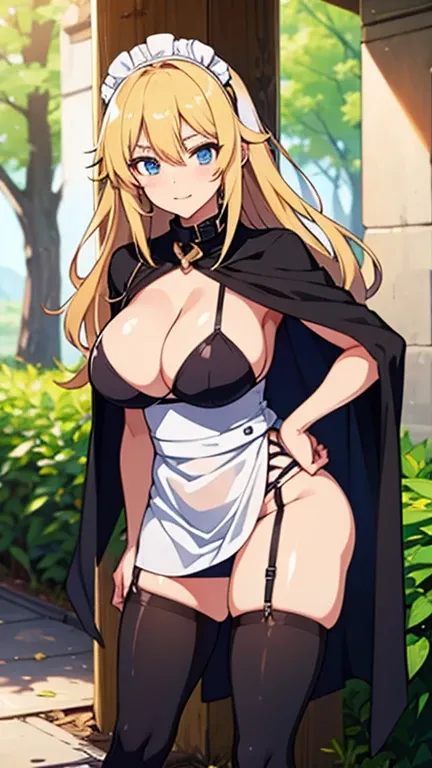 anime (Sekirei), adult lady , sexy (very big tits ), actress (Tsukiumi) , blue eyes , blonde / yellow long hair that is hip / past length, kyonyuu, fighter maid dress, cape, stockings, boots, hair intakes, collar, She is training to fight in the forest. 