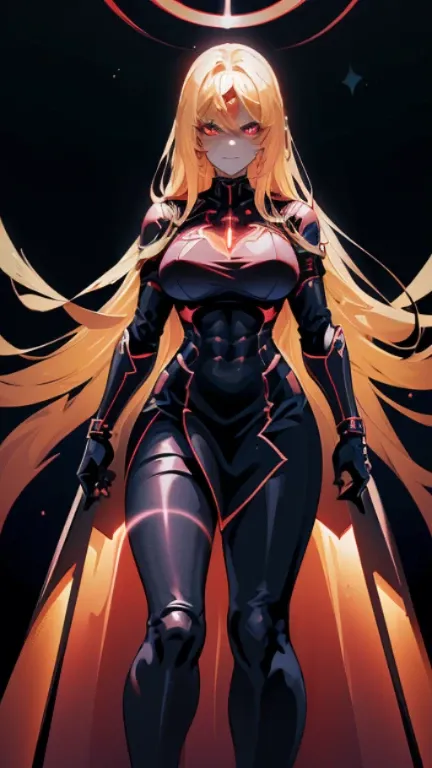 (Armed curvaceous and strong muscular warlord woman), (evil look), ((voluminous wavy blonde hair)), glowing red eyes, ((On her chest is a high-tech glowing dark red star)), sophisticated details, (Sleek, high-tech and futuristic wearing black:70 and dark r...