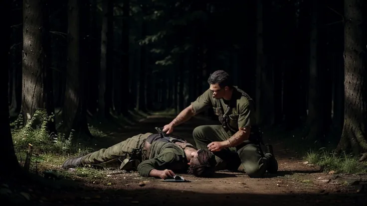 a man with knife in a dark forest trying to kill a soldier. make the scene realistic.