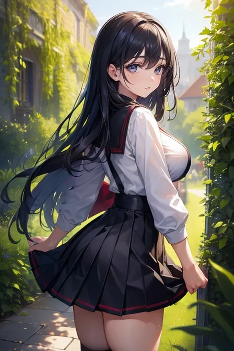 (((masterpiece, best quality, ultra high resolution))), black hair,long hair,black eyes,big breasts,pleated skirt,Yandere,look back,garden,crowd,smile,