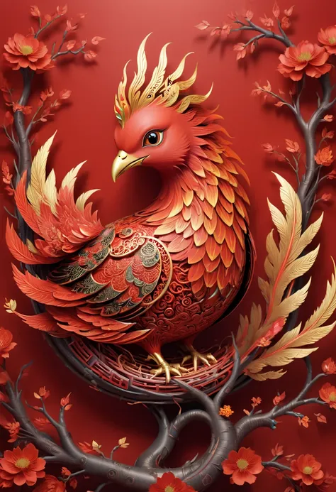 the word "China", Chinese style Nest, phoenix, year 2024, zentagle, cinematic, red theme, (best quality, masterpiece, Representative work, official art, Professional, 8k)