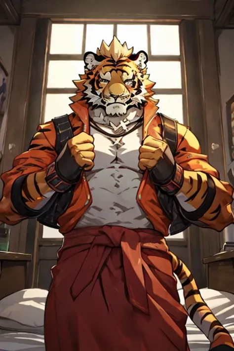 An image of a 17-year-old teenage orange tiger kemono and a 19-year-old teenage yellowish lion kemono; ambos teniendo una musculatura bien formada, trabaja y robusta, llevando puesto un uniforme de estudiante de academia de elite y que se encuentren juntos...