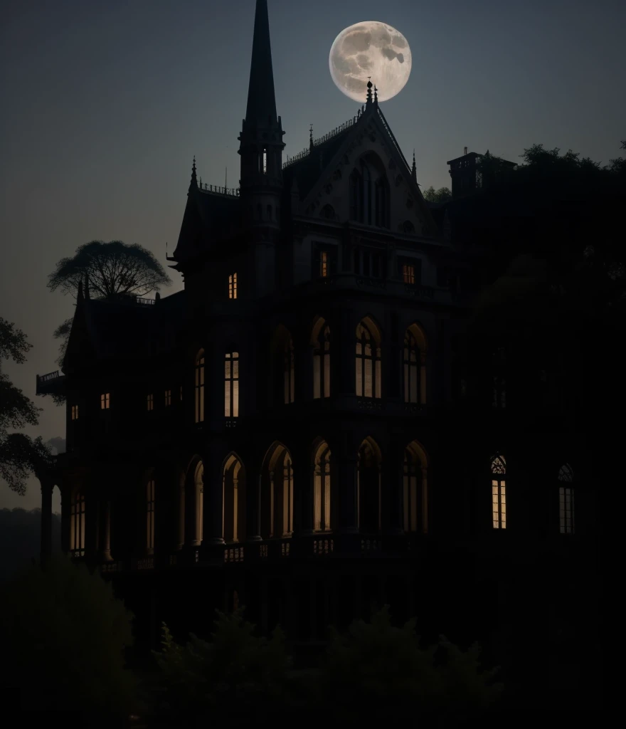 A grand and imposing mansion at night, with a full moon providing the only light, its gothic architecture looming over the surrounding landscape, shrouded in a thick fog.