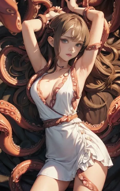 ((masterpiece)), ((best quality)), (ultra-detailed),(in the cave),(monster),(((many tentacles wrap arotnd the body))),a cute girl, 1girl, solo, (white girly dress),((many tentacles bound arms)), ((thin waist)),large breast, slim, slender,beautiful brown ha...