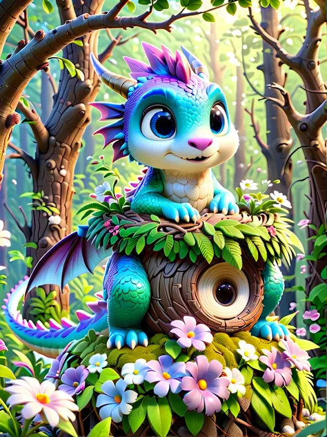 Pixar animation style, dark underground building，Cute giant dragon，((Sophisticated and beautiful nest:1.5))，The dragon&#39;s lair is made of tree branches，rock，gold coins，arms，shield etc., Colorful flowers and diverse plants, Made of marshmallow material, ...