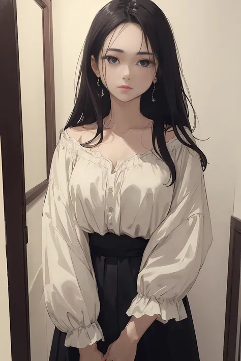 ((highest quality)), ((masterpiece)), (become familiar with), perfect face is sad　Are crying　girl　dark room　one piece　tears　anxious face　Are crying　black hair　Slightly looking down　standing up straight　The whole body is shown　beautiful woman