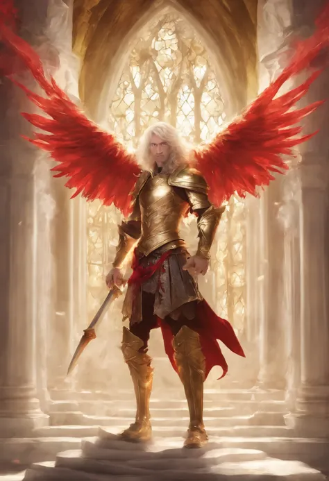 wearing golden armour，red color eyes，White-haired male angel，Virtual scene design that cleanses all the angels, Surreal visual representation, Magnificent architecture, Exquisite details,（blender, oc rendered, Natural light, Ray tracing, 8K）