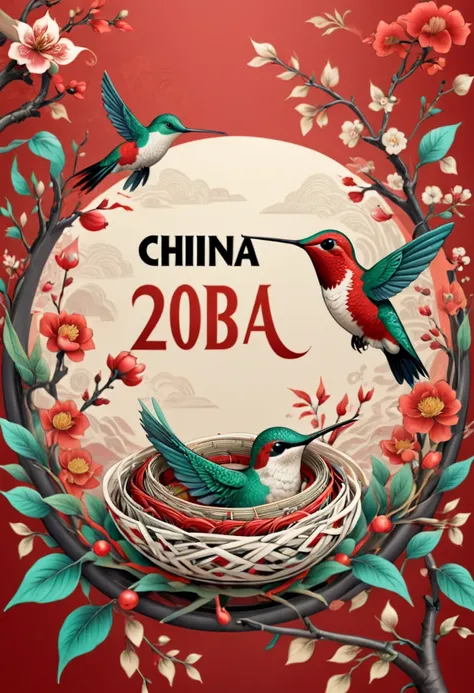 text "China", Chinese style Nest, hummingbird, year 2024, zentagle, cinematic, red theme, (best quality, masterpiece, Representative work, official art, Professional, 8k)