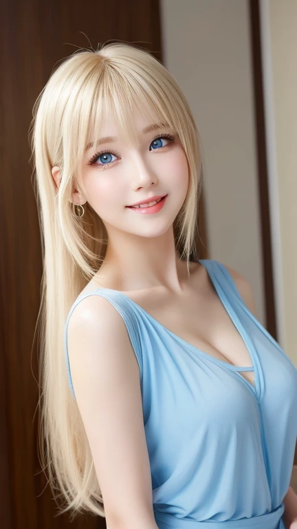 extraordinary sexy beauty、Beautiful, kind and cheerful expression、sexy refreshing look、perfect beautiful cute face、short ponytail、long bangs between the eyes,、super long blonde straight hair、Beautiful facial hair、very cute beautiful sexy young little woman...