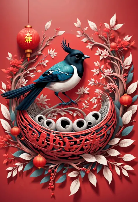 text "China", Chinese style Nest, magpie, year 2024, zentagle, cinematic, red theme, (best quality, masterpiece, Representative work, official art, Professional, 8k)