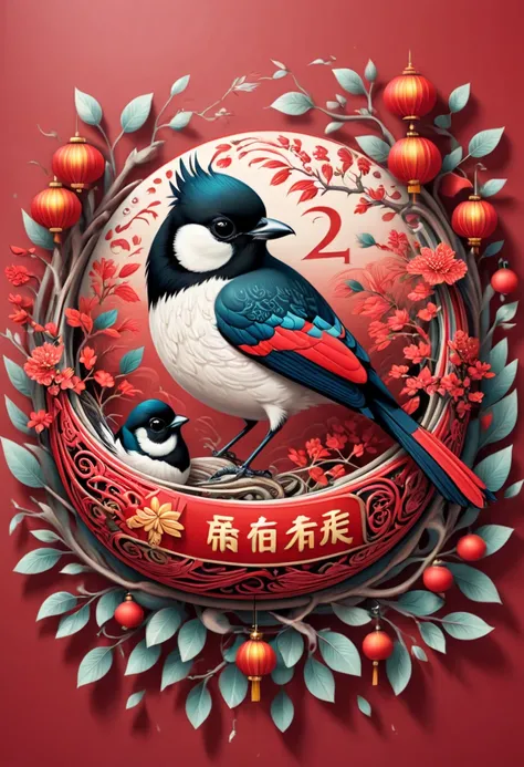 text "China", Chinese style Nest, magpie, year 2024, zentagle, cinematic, red theme, (best quality, masterpiece, Representative work, official art, Professional, 8k)