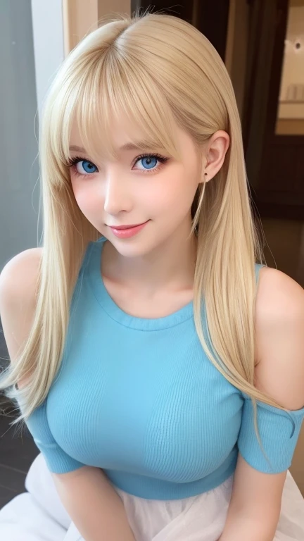 extraordinary sexy beauty、Beautiful, kind and cheerful expression、sexy refreshing look、perfect beautiful cute face、short ponytail、long bangs between the eyes,、super long blonde straight hair、Beautiful facial hair、very cute beautiful sexy young little woman...