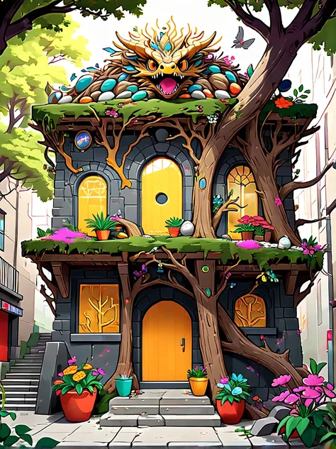 dark underground building，cute giant dragon，((sophisticated and beautiful nest:1.5))，the dragon&#39;s lair is made of tree branc...