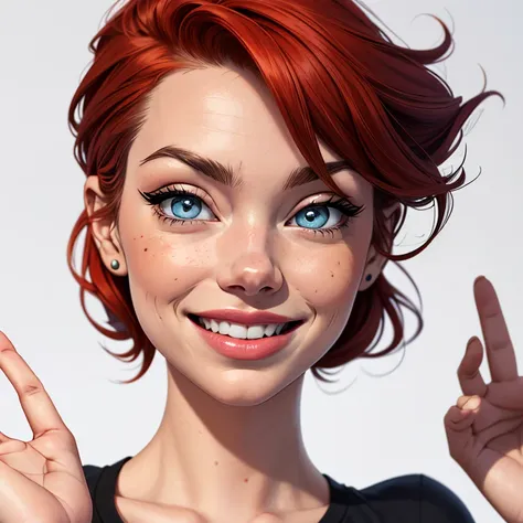 (cartoon style:1.2), Drawings of ([Emma Stone, Elsa Hosk, Hailee Steinfeld]), portrait, wearing black t-shirt, short skirts, red hair, smile, perfect eyes, detailed face, white background, fun posing, flirty look, Centered, scale to fit the dimensions