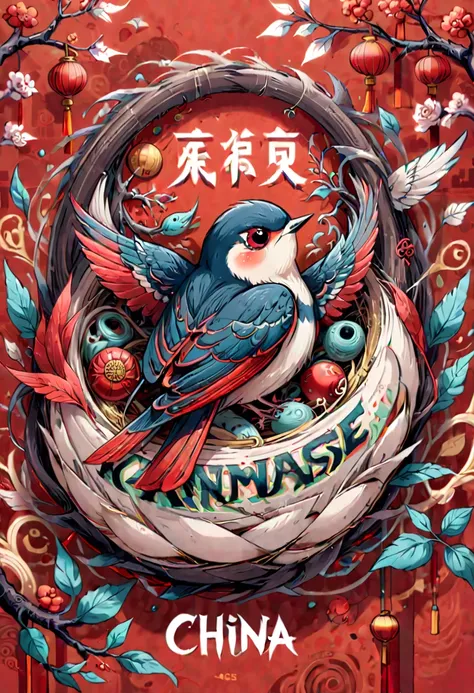 text "China", Chinese style Nest, swallow, year 2024, zentagle, cinematic, red theme, (best quality, masterpiece, Representative work, official art, Professional, 8k)