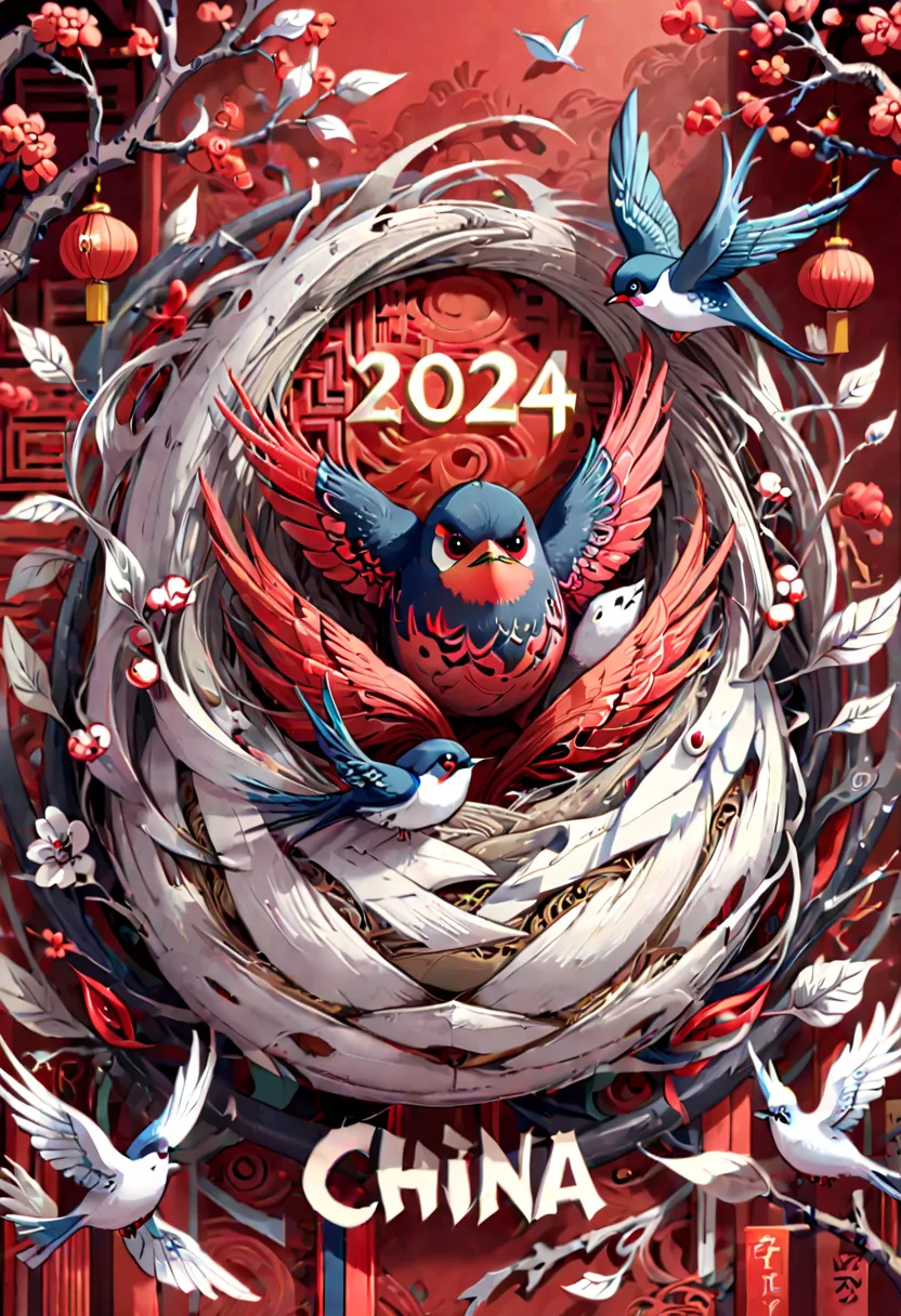 text "china", chinese style nest, swallow, year 2024, zentagle, cinematic, red theme, (best quality, masterpiece, representative...