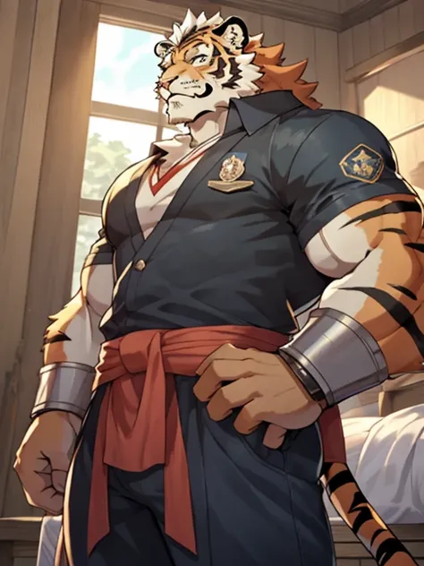 An image of a 17-year-old teenage orange tiger kemono and a 19-year-old teenage yellowish lion kemono(siendo un solo individuo cada kemono mencionado); both having somewhat large and voluminous muscles with the sense that they are very well formed, trabaja...