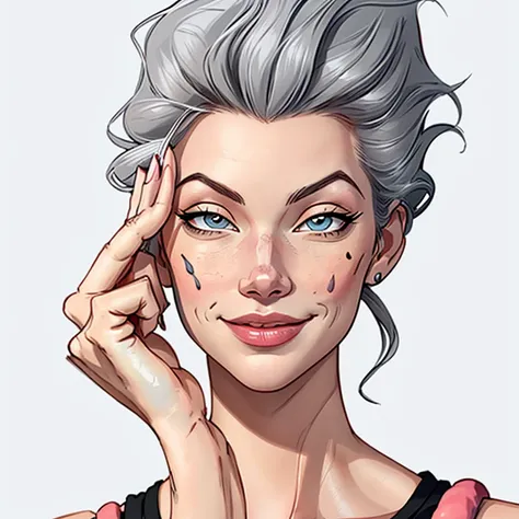 (cartoon style:1.2), Drawings of ([Emma Stone, Elsa Hosk, Hailee Steinfeld]), portrait, wearing black t-shirt, short skirts, Grey hair, smile, perfect eyes, detailed face, white background, fun posing, flirty look, Centered, scale to fit the dimensions