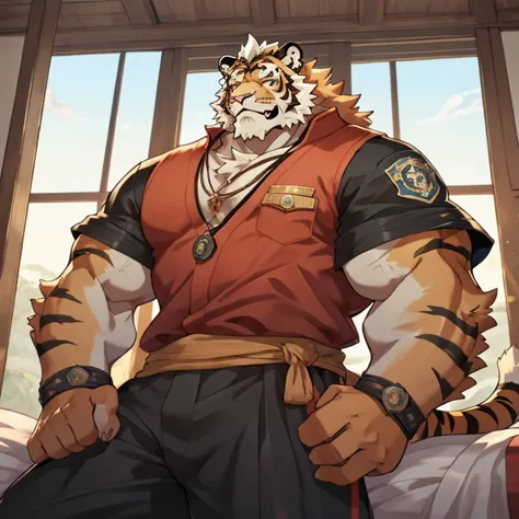 An image of a 17-year-old teenage orange tiger kemono and a 19-year-old teenage yellowish lion kemono(siendo un solo individuo cada kemono mencionado); both having somewhat large and voluminous muscles with the sense that they are very well formed, trabaja...