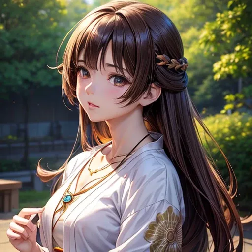 last fantasy (Young) Anime girl with brown hair and white kimono dress holding a necklace, beautiful drawing of the characters, soft anime cg art, realistic anime style, beautiful anime portrait, beautiful anime woman, Photorealistic rendering of an anime ...