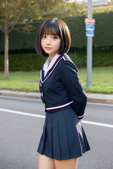 Short black hair, uniform and miniskirt、High school girl with panties in view