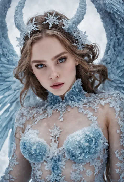 1gril. generate a celestial and colorful ice angel. her eyes should be beautifully detailed, extremely detailed, realistic, macro, and bright. her face should be fierce and dynamic. She should have soft, full lips and an arched nose. Her face should have h...