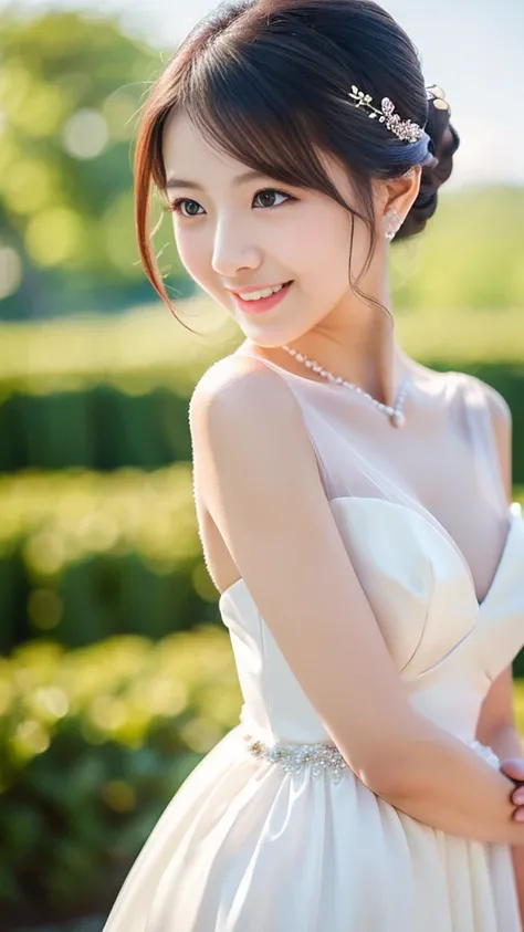 1 woman、Wedding、Beautiful style、Super high quality、whole body、beautiful skin、Japanese、innocent smile、Pull angle of view、realistic pictures、delicate、clear、white background、pink dress