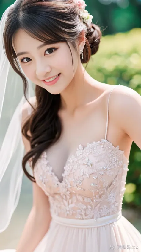 1 woman、Wedding、Beautiful style、Super high quality、whole body、beautiful skin、Japanese、innocent smile、Pull angle of view、realistic pictures、delicate、clear、white background、pink dress