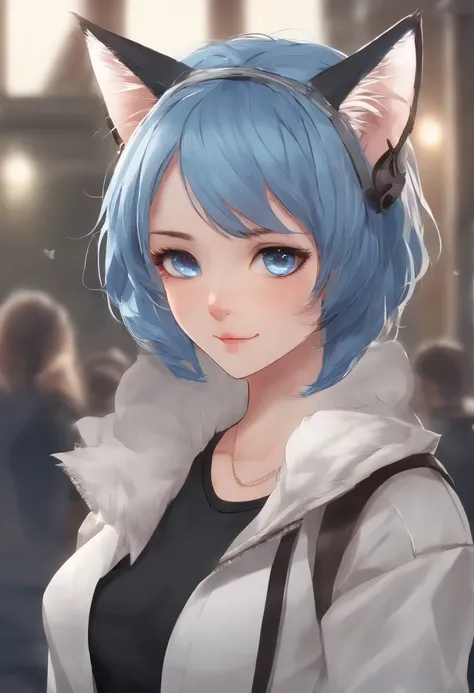 masterpiece:1.2, high quality, best quality, detailed_background,indoors,highres,neko (solution1988),black jacket,upper body,open clothes,absurdres,blue eyes,open jacket,gradient background,looking at viewer,sports bra,1girl,short hair,bare shoulders,solo,...