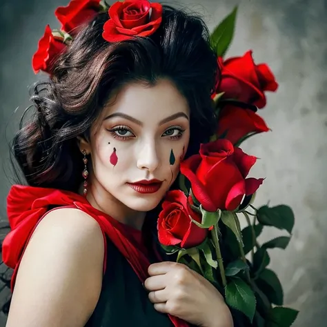 portrait woman day of the dead Santa muerte with red roses on her head and a veil carrying a black rose in her hands