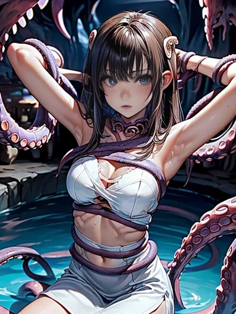 ((masterpiece)), ((best quality)), (ultra-detailed),(in the cave),(monster),(((many tentacles wrap arotnd the body))),a cute girl, 1girl, solo, (white girly dress),((many tentacles bound arms)), ((thin waist)),large breast, slim, slender,beautiful brown ha...