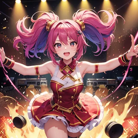 (best quality, hyper detailed, high quality, masterpiece),Lets dive into the dynamic rhythm of music, where a spirited young girl commands the stage with her electrifying drumming skills. Imagine her with fiery determination, her sticks striking the drums ...