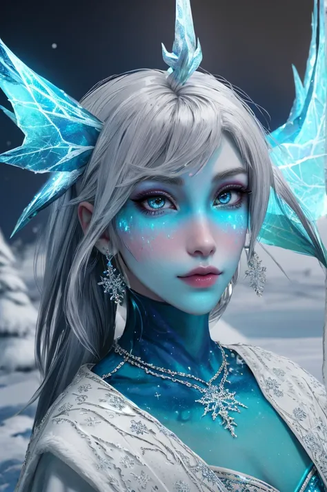 1gril. generate a celestial and colorful ice angel. her eyes should be beautifully detailed, extremely detailed, realistic, macro, and bright. her face should be fierce and dynamic. She should have soft, full lips and an arched nose. Her face should have h...