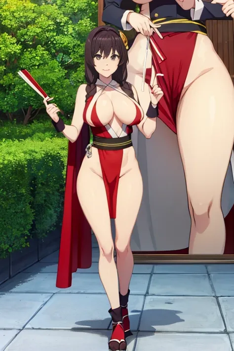 masterpiece, high resolution, best quality, beautiful art, detailed face and hands, anime style, 1 woman, solo, Yunyun, mature woman, grown up, big breasted, cleavage, cosplaying as Mai Shiranui, sexy Japanese clothes, pelvic curtain, full body, sexy bare ...