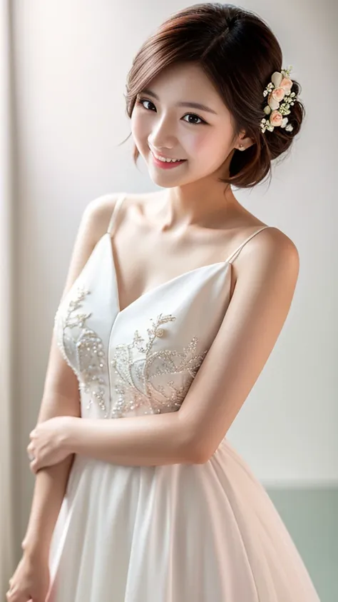 1 woman、Wedding、Beautiful style、Super high quality、whole body、beautiful skin、Japanese、innocent smile、Pull angle of view、realistic pictures、delicate、clear、white background、pink dress、very short hair、Patsun