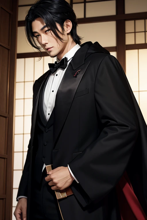 Real Japanese handsome man、half face、black hair、tuxedo、cloak