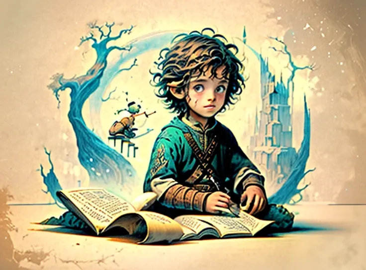 a drawing of a little boy sitting on a table with a book, inspired by Tony DiTerlizzi, by Tony DiTerlizzi, inspired by Anton Pieck, inspired by William Stout, storybook art, the librarian, tony diterlizzi and brian froud, detailed book illustration, exlibr...