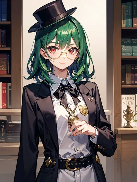 （（（masterpiece、Highest image quality、highest quality、highly detailed unity 8ｋwallpaper）））、（（Illustration of one girl、upper body））、（（（beautiful girl）））、（librarian）、（Emerald green hair、messy hair、sidelocks：1.2、red eyes、crazy smile）、（（（flat chest）））、（（（monocl...