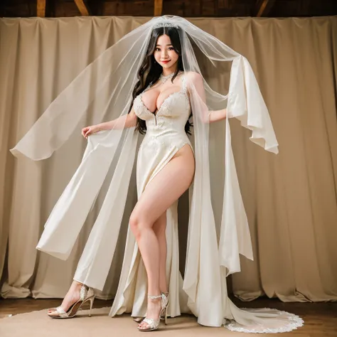 masterpiece, best quality, highres,1girl, wedding dress,(bridal veil),looking at viewer, ((very long hair)), (Full Body),(cute face:1.5),(huge breasts:1.2),high-heels,big hips, medium thighs
 